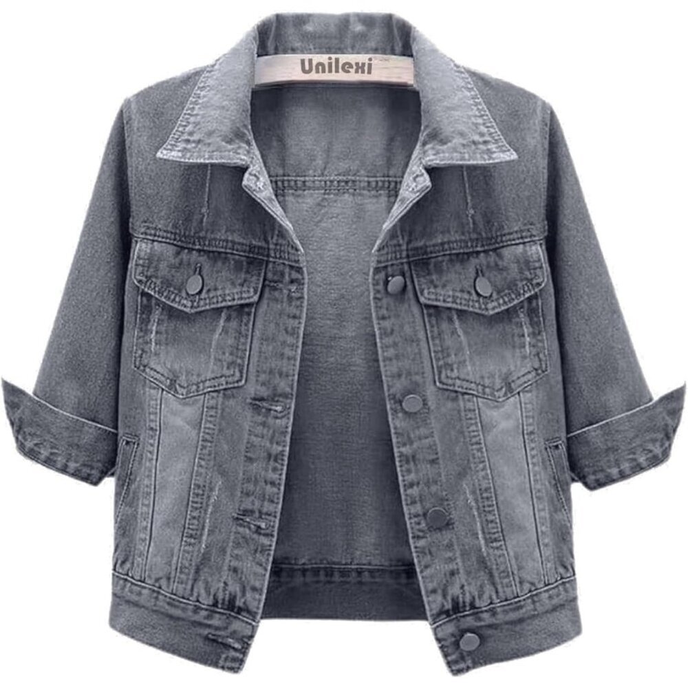 Women's 3/4 Sleeve Colored Cropped Denim Jacket Short Jean Jacket Trucker Grey